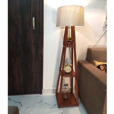 Teak Wooden Floor Lamp/Three-Tier Shelf With Jute Fibre Lamp Shade